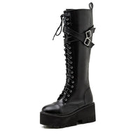 Original Gdgydh Fashion Women Boots Cross Strap PU Leather Autumn Winter Knee High Boots Ladies Thick Sole Platform Shoes Punk Gothic