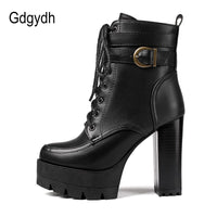 Original Gdgydh 2022 Russian Hot Sales Women Shoes Thick Platform High Heel Female Ankle Boots Round Toe Lace up Zipper Motorcycle Boots