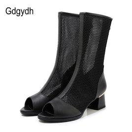 Original Gdgydh Hollow Out Summer Shoes Women 2022 Mesh Breachable Comfortable Mid Heel Feamle Boots For Summer Zipper Peep Toe Shoes New