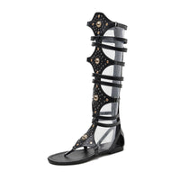 Original Gdgydh 2022 New Sexy Rhinestone Gladiator Knee Sandals Flats Back Zipper Black Silver Rome Knee High Sandals Women Wholesale