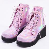 Original JIALUOWEI New Style Unisex&#39;s Shoes Punk Wedge Heel 7cm Pink Holographic Leather Halloween Costumes Gothic Ankle boots