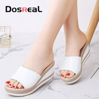 Original Dosreal Summer Women Slippers High Quality Leather Thick Sole Slippers Female Platform White Straw Slides Woman Wedge Flip Flop