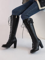 Original Gdgydh 2022 Autumn Winter Women Knee-High Motorcycle Boots Thick Heel Platform Bow-knot Female Wedding Boots Plus Size 48 Gothic