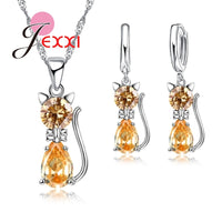 Original Jewellery Sets Accessories Genuine 925 Sterling Silver  Cubic Zirconia Cat Kitty Necklace Pendant+Leverback Earrings Hot