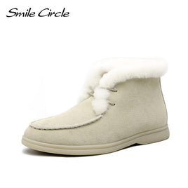 Original Smile Circle Women Snow Boots Natural fur Genuine Leather Ankle Boots Winter Comfortable Flat Wool Boots Women Shoes