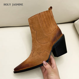 Original Leather Boots Women Genuine Pointed Toe Mid Heel Ankle Boots Thick Square Heel Slip On Western Boots Cowboy Boots Women 2020 New