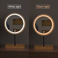 Wooden Desktop LED Makeup Mirror 3X Magnifying USB Charging Adjustable Bright Diffused Light Touch Screen Beauty Mirrors