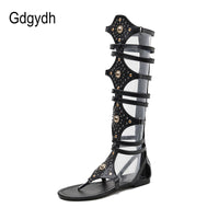 Original Gdgydh 2022 New Sexy Rhinestone Gladiator Knee Sandals Flats Back Zipper Black Silver Rome Knee High Sandals Women Wholesale