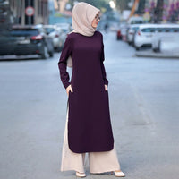 Original Muslim Abaya Dress Long Tops Arab Turkey Dubai Brief Solid Side Split O Neck Long Sleeve Top Eid Ranmadan Islamic Clothing Ropa