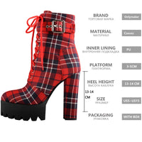 Original Only Maker Women & Platform Ankle Boots Buckle Strap Chunky Heel Red Plaid Lace Up Side  Zipper Round Toe Booties For Winter