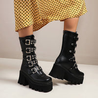 Original Winter Gothic Punk Womens Platform Boots Black Buckle Strap Zipper Creeper Wedges Shoes Mid Calf Military Combat Boots U542