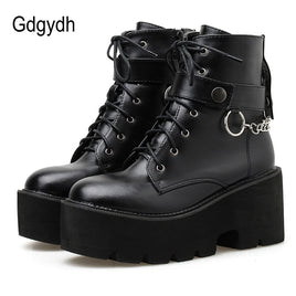 Original Gdgydh New Sexy Chain Women Leather Autumn Boots Block Heel Gothic Black Punk Style Platform Shoes Female Footwear High Quality