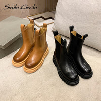 Original Smile Circle Autumn Slip-on Chelsea Boots Women Genuine Cow Leather fashion Round-toe Flat Platform Boots Lady shoes