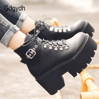 Original Gdgydh Autumn Winter Chunky Heel Platform Boots Lace-up Black Gothic Boots Women Plush Inside Comfortable Sexy Buckle Footwear
