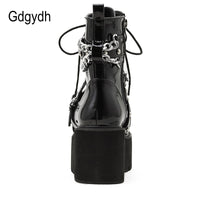 Original Gdgydh Autumn Winter Boots Women Sexy Chain Boots Ankle Buckle Strap Ankle Boots Square Heel Thick Sole Platform Rock Punk Style