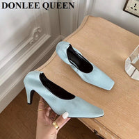 Original Fashion Square Toe Thin High Heel Shoes Women Shallow Elastic Pumps Autumn Shoe For Party Dress Zebra Chaussure Zapatillas Mujer