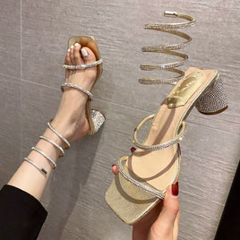 Original 2022 Summer Women&#39;s Sandals Fashion Luxury Square Toe Club Rhinestone Snake Wrap High Heel Sandals Birthday Wedding Party Shoes