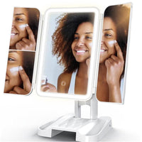 LED Light Makeup Mirror 2/3X Magnifying Cosmetic 3 Fold Vanity Mirror 180 Rotation Adjustable Touch Dimmer Table Makeup Mirror