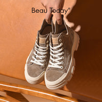 Original Beau Today Casual Sneakers Women Suede Leather Round Toe Lace-Free High Top Ladies Retro fashion Flat Shoes Handmade 29575