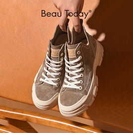 Original Beau Today Casual Sneakers Women Suede Leather Round Toe Lace-Free High Top Ladies Retro fashion Flat Shoes Handmade 29575