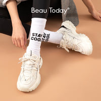 Original Beau Today Chunky Sneakers Women Synthetic Leather Platform Cross-tied Round Toe Sequins Design Casual Shoes for Women 29399