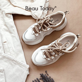 Original Beau Today Chunky Sneakers Women Cow Leather Mesh Retro Casual Shoes Platform Lace-Up Trainers Handmade 29333