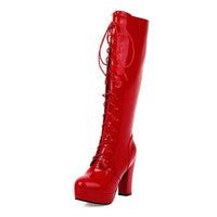 Original Gdgydh 2022 Patent Leather Women Knee-High Boots Red Wedding Boots Lace-up Round Toe Thich High Heels Female Boots Plus Size 48