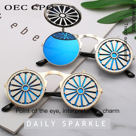 OEC CPO - Original Metal Round Steampunk Sunglasses Women Fashion Glasses Men Windmill Flip Design Frame Personality Eyeglasses UV400