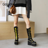 Original Gdgydh Womens Yellow Smiley Face Gothic Boots Buckle Strap Platform Wedges Heel Winter Punk Shoes Increasing Cosplay Party New