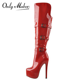 Original Only maker Women & Platform Round Toe Stiletto Side Zipper Knee High Boots16CM High Heel Patent Leather Red Long Boots For Winter