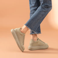 BEAU TODAY - Original Women Platform Sneakers Cow Suede Leather Lace-Up Casual Round Toe Lady Flats Shoes with Thick Sole Handmade 29116