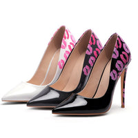 Original Ladies Graffiti High Heel Pointed Toe Shoes Lip Pattern Classic Luxury Brand Pumps 8cm 10cm 12cm Stiletto Wedding Shoes 34-45