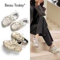 Original Beau Today  Platform Sneakers Women Synthetic Leather Chunky Shoes Round Toe Lace-Up Fashion Ladies Trainers Handmade 29408