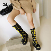 Original Gdgydh Womens Yellow Smiley Face Gothic Boots Buckle Strap Platform Wedges Heel Winter Punk Shoes Increasing Cosplay Party New