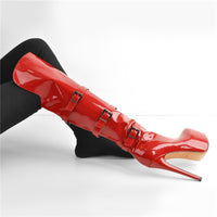 Original Only maker Women & Platform Round Toe Stiletto Side Zipper Knee High Boots16CM High Heel Patent Leather Red Long Boots For Winter