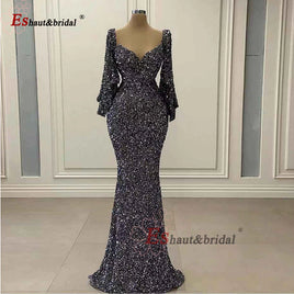 Original Dubai Arabic Sequined Evening Night Dresses for Women 2021 Mermaid V Neck Flared Sleeves Long Formal Prom Wedding Party Gowns