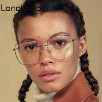 LONG KEEPER - Original Vintage Oversized Square Glasses Frame Women Men Stylish Metal Clear Lens Eyeglassesdies Black Gold Silver Optical Spectacles