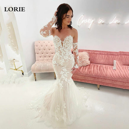 LORIE - Original Lingt Long Sleeve Mermaid Wedding Dresses Sweetheart Lace Appliques Ivory Bridal Gowns Sexy Backless Wedding Party Dress DIGITAL OFFICE ELECTRONIC