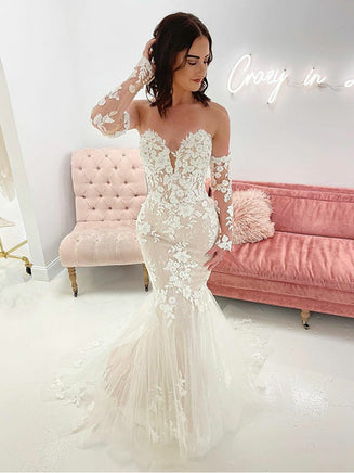 LORIE - Original Lingt Long Sleeve Mermaid Wedding Dresses Sweetheart Lace Appliques Ivory Bridal Gowns Sexy Backless Wedding Party Dress DIGITAL OFFICE ELECTRONIC