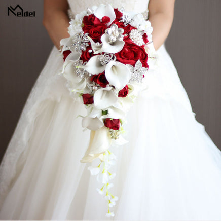 MELDEL - Original Bride Waterfall Wedding Bouquet Artificial Rose Calla Lily Flower Marriage Supplies Fake Diamond Pearl Luxurious Bouquets DIGITAL OFFICE ELECTRONIC