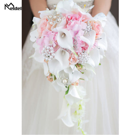 MELDEL - Original Bride Waterfall Wedding Bouquet Artificial Rose Calla Lily Flower Marriage Supplies Fake Diamond Pearl Luxurious Bouquets DIGITAL OFFICE ELECTRONIC