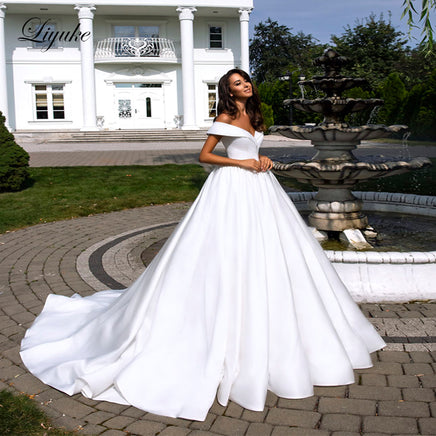 Original Liyuke Pure White Elegant Satin A-Line Wedding Dress With Folden V-Neckline Off The Shoulder Wedding Gown DIGITAL OFFICE ELECTRONIC