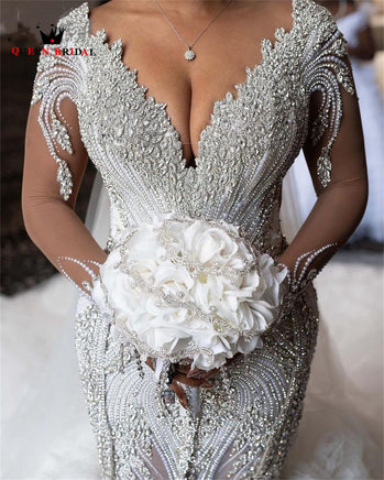 Original Luxury Mermaid V-neck Long Sleeve Ruffle Train Crystal Beaded Diamond Sexy Wedding Dresses Women Bride Dresses Custom Made DJ35 DIGITAL OFFICE ELECTRONIC