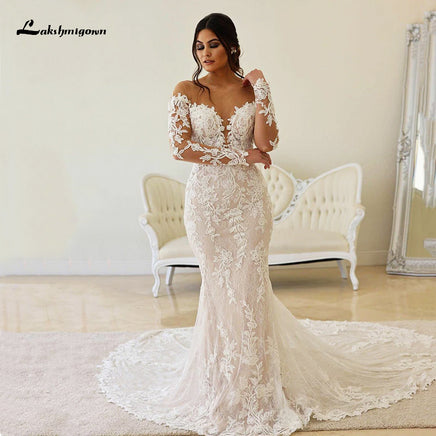 Original Sexy Boho Illusion Bodice Lace Long Sleeve Sheer Neck Appliques Mermaid Wedding Dress 2022 Bridal Gown Backless Button vestido DIGITAL OFFICE ELECTRONIC