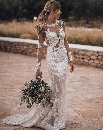 Original Sexy Illusion Sweetheart Lace Applique Mermaid Wedding Dresses 2021 Long Sleeves Bridal Gowns Open Back Formal White Wedding Bri DIGITAL OFFICE ELECTRONIC