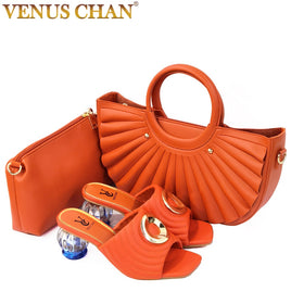 VENUS CHAN OFFICIAL STORE - Original 2021 Fashion Brand Weave Slippers Ladies Elegant Heels Sandals Slip On Slide Femmes Sandales Mujer Slipper Shoes and Bag Set