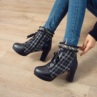 Original New Arrival Designer Shoes Women Plus Size 43 Tweed Boots Square High Heels Platform Tweed Shoes Autumn Winter Lace up Round Toe