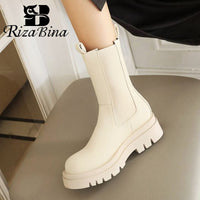 Original RIZABINA Women Short Boots Fashion Platform Pu Leather Thick Heel Winter Shoe Woman Warm Elastic Casual Lady Footwear Size 34-42