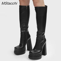 Original Black Long Boots Women Platform Shoes Genuine Leather Women&#39;s High Boots Square Toe High Heels Demonia Boots Designer Shoes 2022