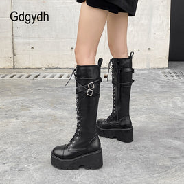 Original Gdgydh Fashion Women Boots Cross Strap PU Leather Autumn Winter Knee High Boots Ladies Thick Sole Platform Shoes Punk Gothic